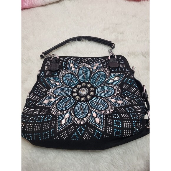 Boho Flower Blue Rhinestone Covered Floral Pattern Handbag Purse - Picture 2 of 9